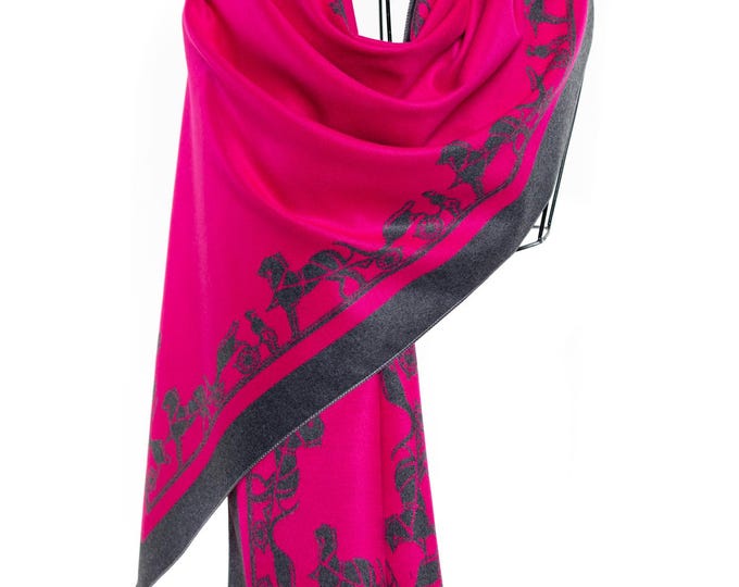Merino Lambswool Wrap Shawl | Oversized Winter Scarf | Soft Silk Blend | Pink & Grey | Roman Horses Chariot Design