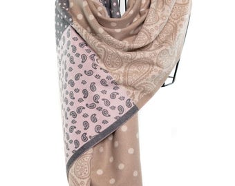 Cashmere Shawl | Beige & Grey Paisley Pattern with Dots | Reversible Pashmina, Elegant and Classy Shawl, Luxury Soft Design