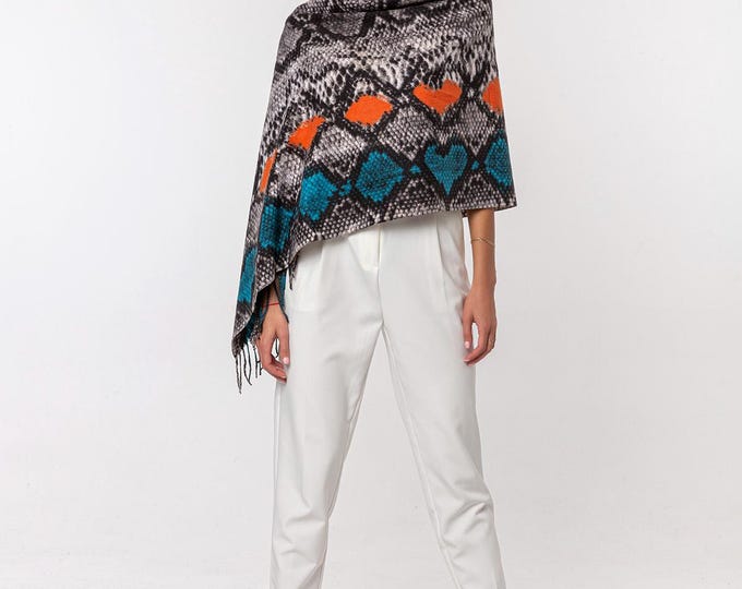 Blue & Orange Cashmere Silk Shawl | Exotic Snakeskin Print Scarf | Soft and Luxurious Wrap, Tangerine Accent, Unique Gift for Her