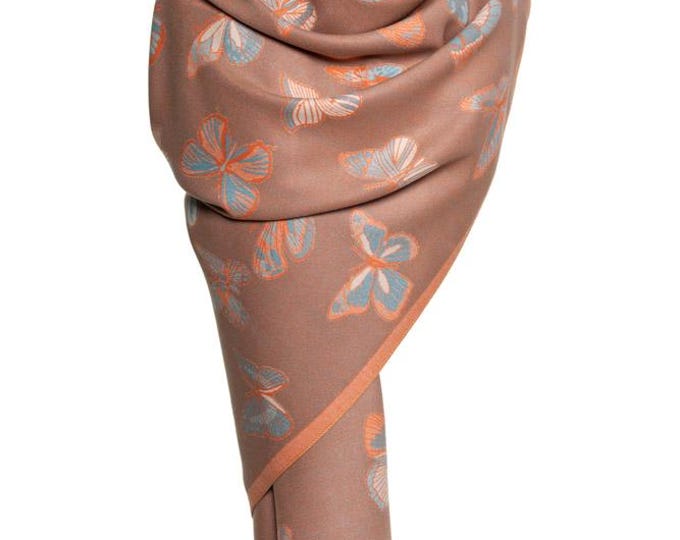 Cashmere Shawl | Brown, Beige and Orange Reversible with Butterfly Design | Elegant & Warm | Perfect Gift for Any Occasion