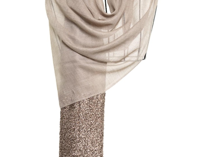 Beige Cashmere Wool Silk Shawl – Soft Wrap with brown Sequin Detailing, Luxury Gift, Wedding and Evening Scarf