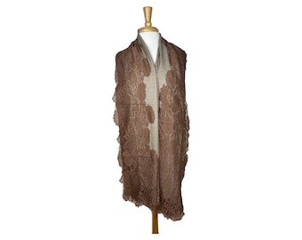 Brown Bronze French Silk Lace on Beige Cashmere Shawl – Elegant Vintage Wrap, Luxury Soft Scarf, Unique Gift for Her