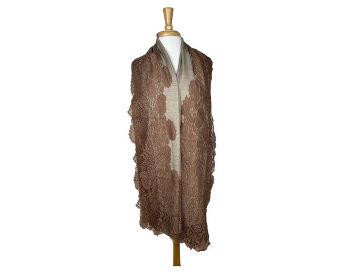 Brown Bronze French Silk Lace on Beige Cashmere Shawl – Elegant Vintage Wrap, Luxury Soft Scarf, Unique Gift for Her