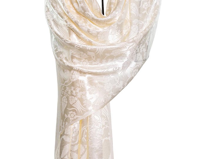 Shiny metallic off white tulip pure silk beautiful shawl for gift, tiny flowers unique design scarf wrap - Very thin