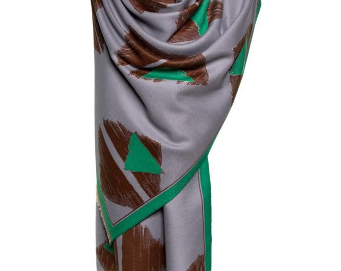 Cashmere Shawl | Grey, Brown & Green Reversible Triangle Wrap | Soft Like Baby, Elegant Pashmina, Party Scarf, Gift for Her