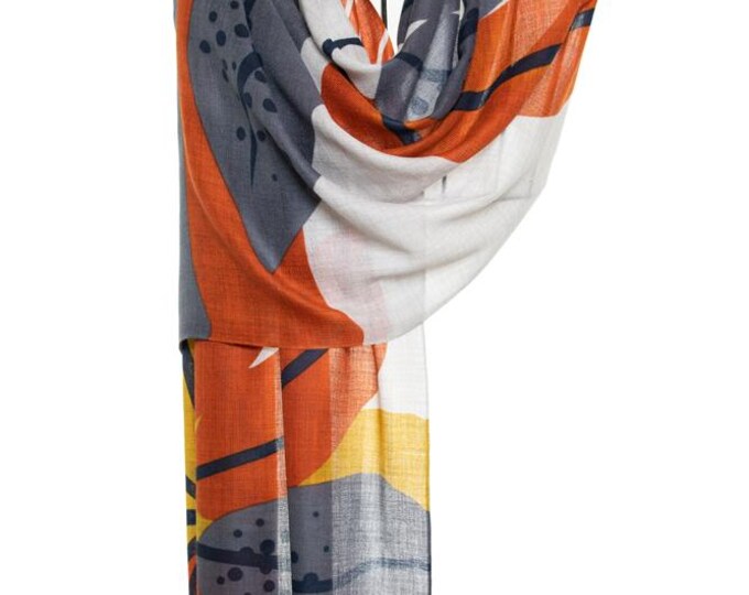 Silk & Cashmere Grey, Brown and Yellow Shawl | Elegant Leaves Design Scarf | Very Soft, Delightful Pashmina Gift with Feathers design