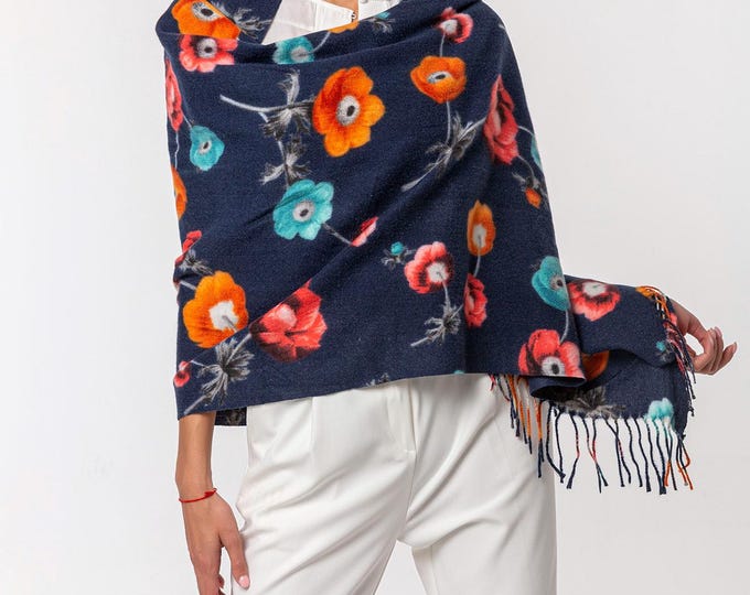Wool and Silk Scarf | Colorful Floral Design Shawl | Premium Pashmina Printed Navy Blue Fringe Scarf | Soft and Elegant Accessory