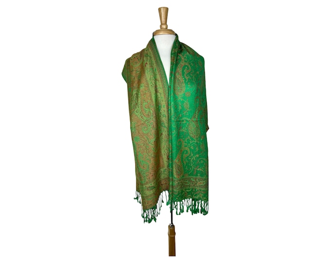 Paisley Pashmina Scarf - Soft Shawl Wrap for Women, Green Orange Gold Scarf, Luxury Boho Wrap, Fall Winter Fashion, Gift for Her