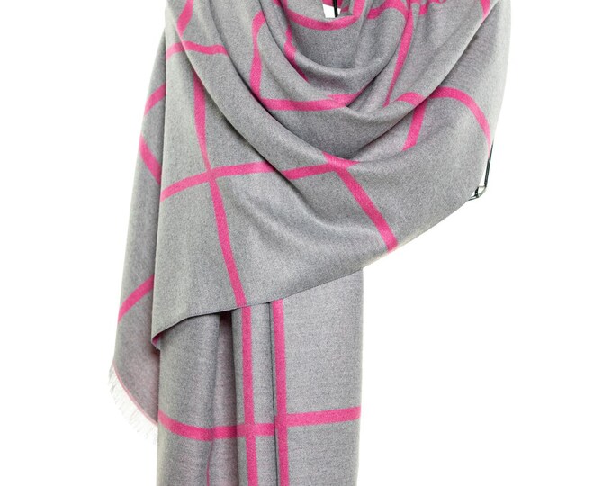 Cashmere & Silk Scarf | Silver and Pink Shawl with Silk Lines | Very Soft and Delightful Scarf | Unique Gift, Lovely Pashmina Squares Design
