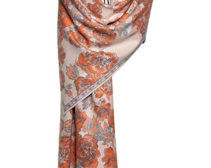 Orange and White Reversible Cashmere Shawl – Floral Drawings, Luxury Pashmina Wrap, Soft as Cloud