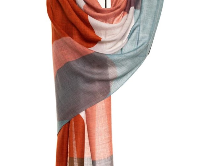 Brown, Purple & Turquoise Cashmere and Silk Shawl | Elegant Oval Circles Design Scarf | Very Soft, Delightful Pashmina, Unique Gift
