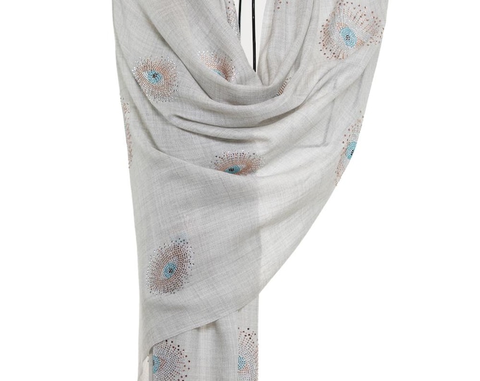 Elegant Dusty Gray Cashmere Pashmina – Swarovski Blue Eyes Design, Luxury Wedding Shawl