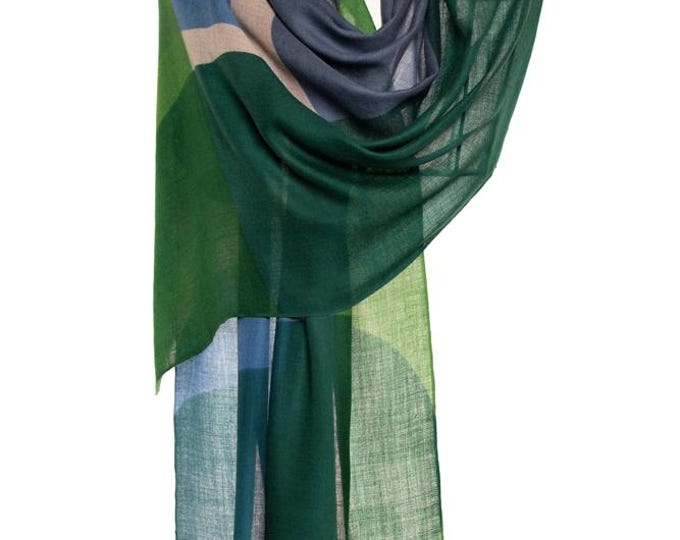 Green, Blue & Purple Cashmere and Silk Shawl | Elegant Oval Circles Design Scarf | Very Soft, Delightful Pashmina, Unique Gift