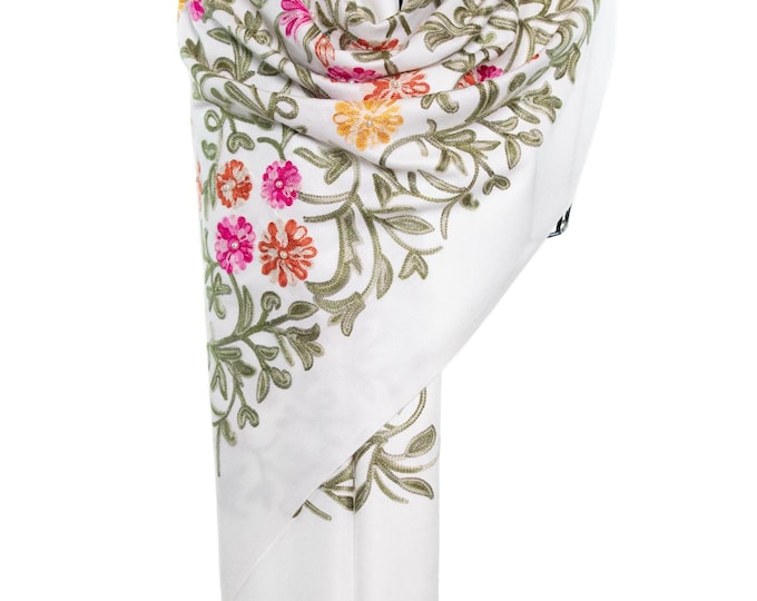 Snow White Embroidered Silk Cashmere Shawl | Luxury Bridal Wrap | Elegant Floral Evening Scarf | Wedding Gift for Her | Canada Seller