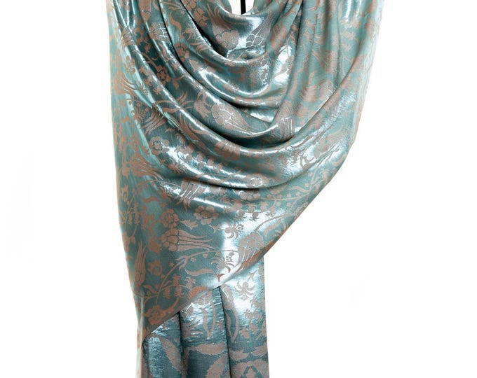 Shiny metallic turquoise tulip pure silk beautiful shawl for gift, tiny flowers unique design - Very thin