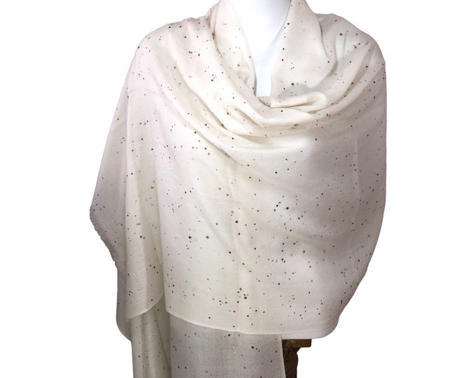 Bridal Cashmere Shawl – Off-White Wedding Wrap with Swarovski Crystals, Luxurious Soft Pashmina
