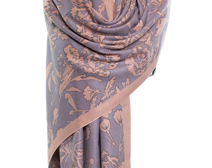 Soft Pink & Purple Floral Pashmina Shawl | Reversible Double-Sided Elegant Wrap | Luxury Gift for Her