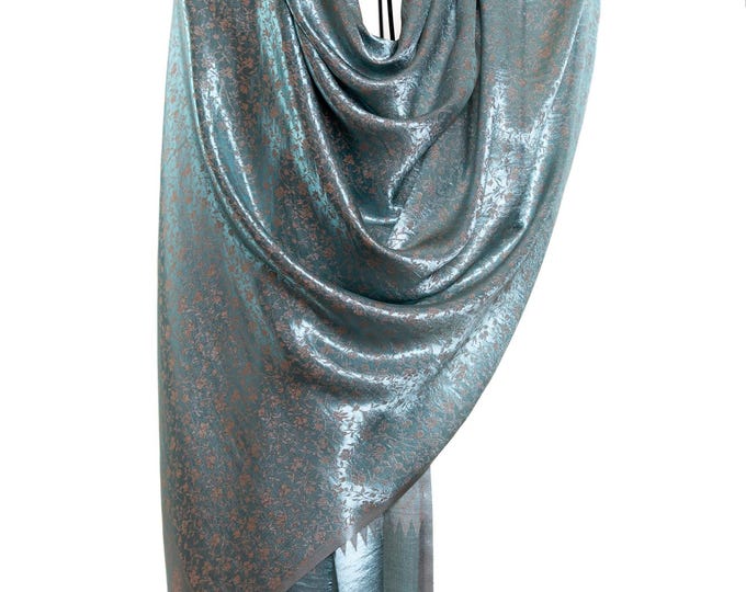 Woven Silk Shawl – Shiny Metallic Turquoise Blue Scarf – Very Thin, Perfect Gift for Her – Wedding Wrap