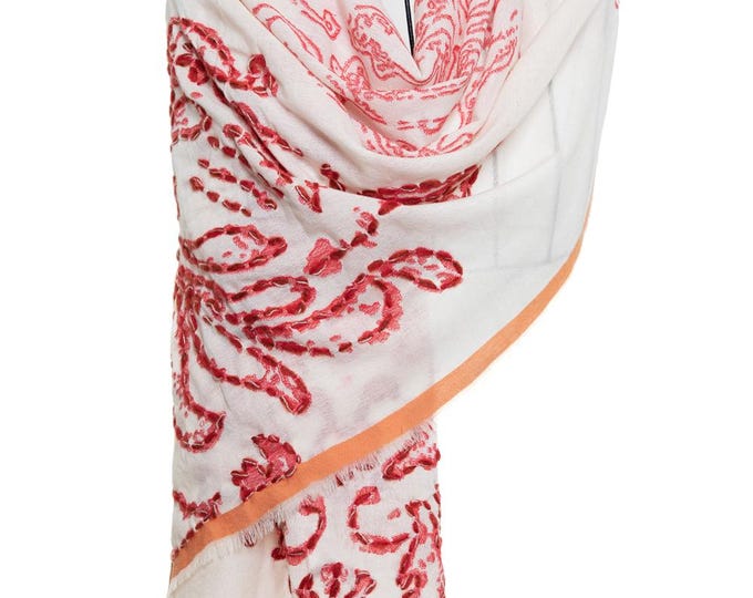 White Wool Shawl – Red Embroidery, Unique & Warm Winter Pashmina