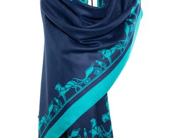 Turquoise - Navy Blue Wrap - Shawl: carriage Design -reversible double sided -Victorian Era