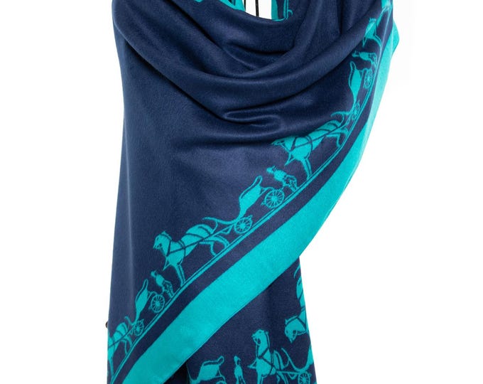 Merino Lambswool Wrap Shawl | Oversized Winter Scarf | Soft Silk Blend | Turquoise & Navy Blue | Roman Horses Chariot Design