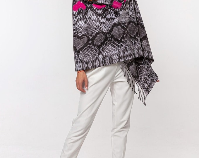 Fuchsia & Orange Cashmere Silk Shawl | Exotic Snakeskin Print Scarf | Very Soft, Elegant Wrap, Unique Gift, 200x70 cm, Luxury Accessory