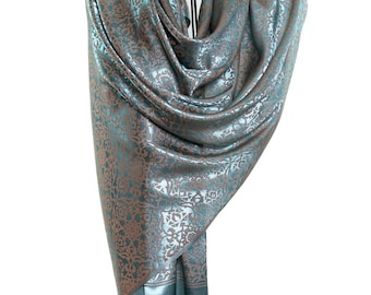 Shiny metallic turquoise pure silk beautiful shawl for gift, mandala pattern unique motif design - Very thin