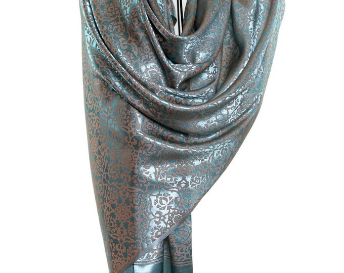 Shiny metallic turquoise pure silk beautiful shawl for gift, mandala pattern unique motif design - Very thin