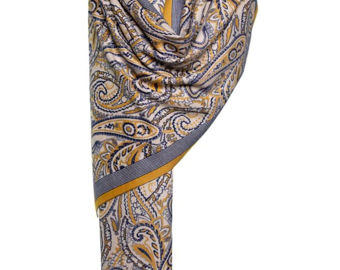 Cashmere Shawl | Navy Blue & Yellow Reversible Paisley Pattern | Soft and Elegant Pashmina, Warm Luxury Shawl, Perfect Gift for Her