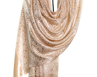 Woven Silk Shawl – Shiny Metallic Soft Beige Scarf – Mandala Pattern, Unique Motif Design, Thin Elegant Evening Wrap – Luxury Gift for Women