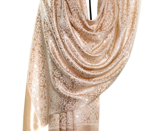 Woven Silk Shawl – Shiny Metallic Soft Beige Scarf – Mandala Pattern, Unique Motif Design, Thin Elegant Evening Wrap – Luxury Gift for Women