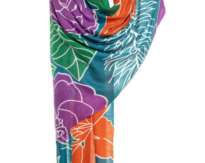 Purple, Orange & Green Cashmere and Silk Shawl | Elegant Floral Design Scarf | Very Soft, Delightful Pashmina, Unique Gift, Colorful scarf