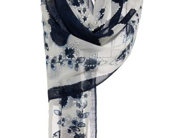 Embroidered Wool Shawl – 100% Boiled Wool White and Navy Blue Pashmina, Soft and Warm Wrap