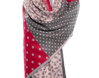 Cashmere Shawl & Scarf | Pink and Grey Paisley with Dots | Reversible Pashmina, Elegant and Classy Luxury Winter Wrap
