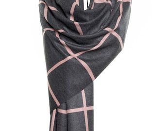 Cashmere & Silk Scarf | Grey and Soft Pink Shawl with Silk  | Very Soft and Delightful Scarf | Unique Gift, Lovely Pashmina Squares Design