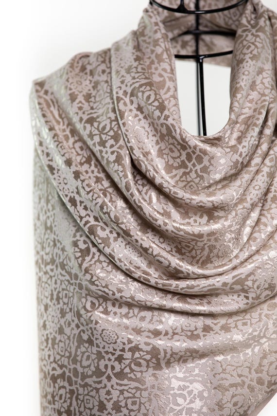 Shiny metallic beige pure silk beautiful shawl for gift, mandala pattern unique motif design - Very thin