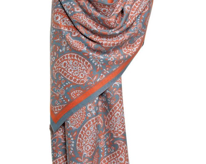Cashmere Shawl | Orange & Grey Reversible Big Paisley Pattern | Thick and Warm Pashmina Wrap, Elegant Luxury Shawl, Perfect Gift for Her