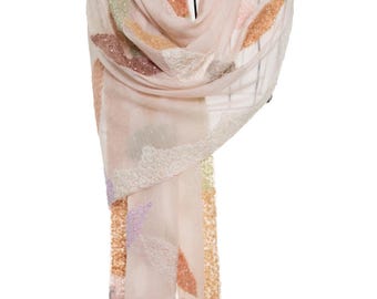 Organic Cashmere Pashmina – Pastel Pink Rose Shawl with Handmade Embroidered Leaves and Natural Pearls, Soft and Unique Wrap