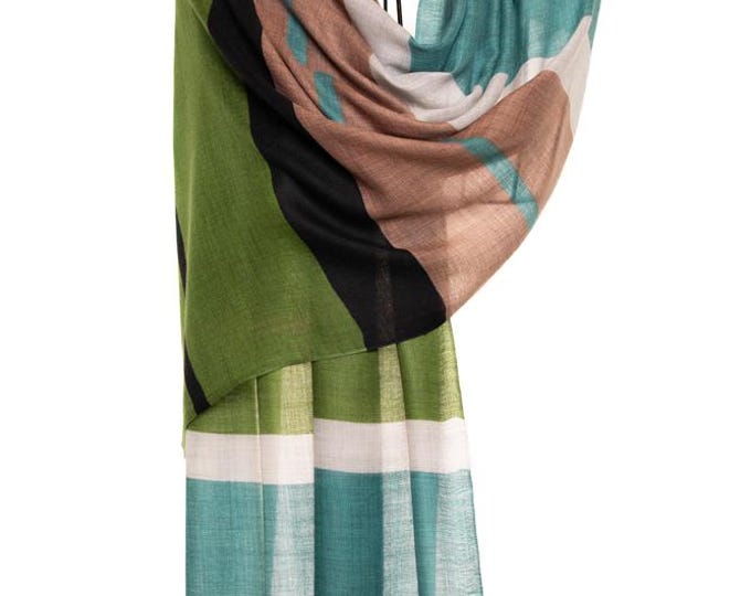 Silk & Cashmere Green, Brown and Blue Shawl | Elegant Lines Design Scarf | Very Soft, Delightful and Unique Pashmina Gift