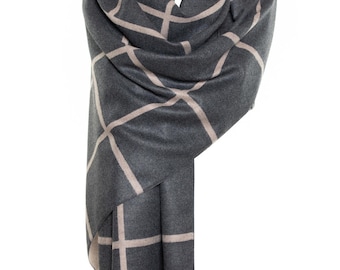 Cashmere & Silk Scarf | Grey and Beige Shawl with Silk Lines | Very Soft and Delightful Scarf | Unique Gift, Lovely Pashmina Squares Design
