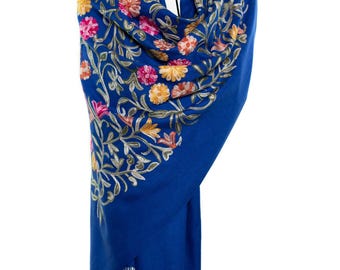 Royal Blue Embroidered Silk Cashmere Shawl | Luxury Floral Wrap | Elegant Evening Scarf | Wedding Shawl Gift | Canada Seller