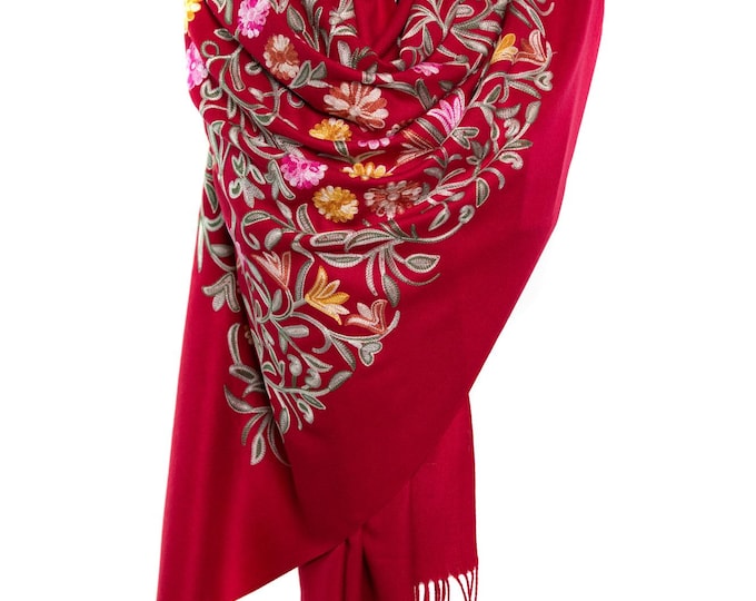 Red Embroidered Silk Cashmere Shawl | Luxe Floral Wrap | Elegant Oversized Scarf | Wedding Evening Shawl | Canada Seller