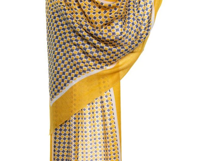 Silk & Cashmere High-Quality Yellow Shawl | Very Soft, Amazing Workmanship Pashmina | Chess Board Wrap - Gift for him - Gift for woman