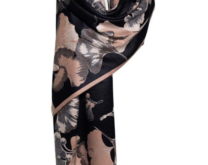 Cashmere Shawl | Black, Brown & Beige Reversible Floral Wrap | Elegant Pashmina Scarf | Soft and Warm, Luxury Gift for Her