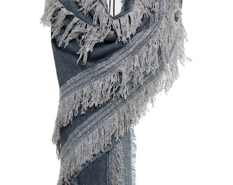 Organic Wool Shawl | Exclusive Grey & Blue Design with Silvery Fringes | Soft and Warm Pashmina Scarf, 100% Wool Wrap