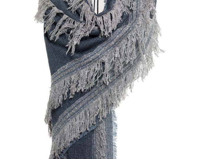Organic Wool Shawl | Exclusive Grey & Blue Design with Silvery Fringes | Soft and Warm Pashmina Scarf, 100% Wool Wrap