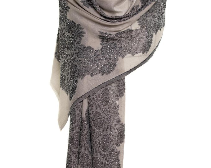 Luxury Cashmere Shawl – Hand-Printed Floral Wrap with Swarovski Crystals – Soft Lightweight Scarf – Beige & Charcoal Black