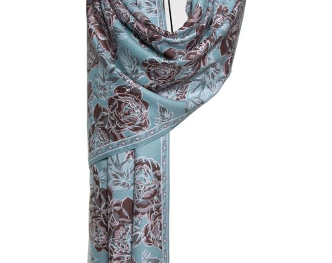 Turquoise Baby Blue & Brown Reversible Cashmere Shawl – Floral Design, Elegant Pashmina Wrap