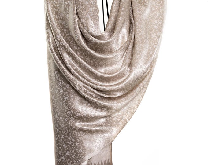 Woven Silk Shawl – Shiny Metallic Beige Scarf – Very Thin - perfect gift for her - wedding wrap -tiny flowers