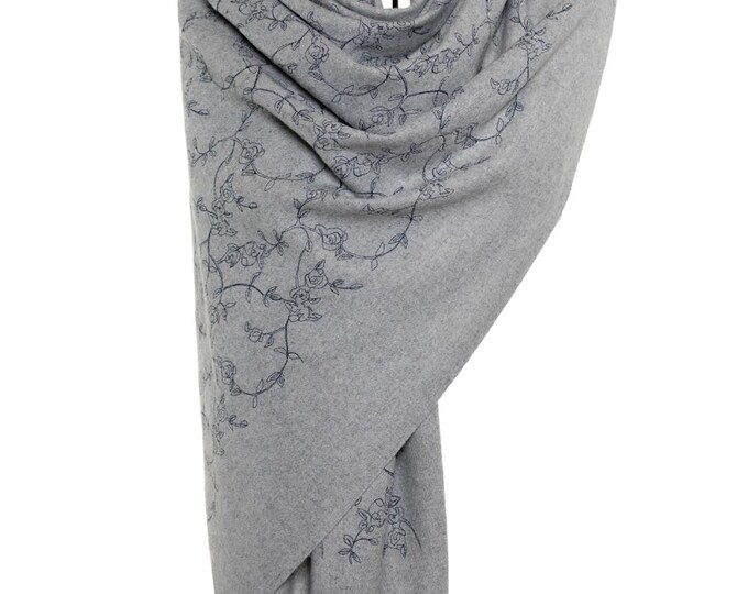 Grey Handmade Embroidered Shawl - Luxury Floral Pashmina, Soft & Warm Wrap, Exclusive Italian Design, Elegant Gift for Her